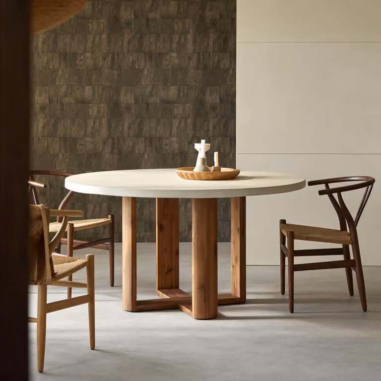 Tikamoon Ronde eettafel van massief acaciahout en cement - Beige - Diameter: 140 cm, Hoogte: 75 cm