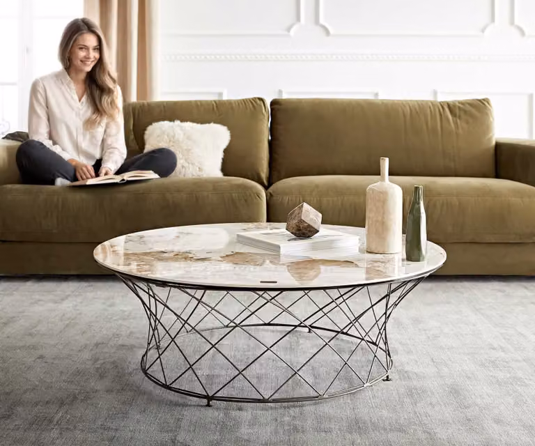 DELIFE Salontafel Lassina Rond Keramiek Minas Melange Wit-Beige met Metaal Frame B: 100 cm, H: 35 cm