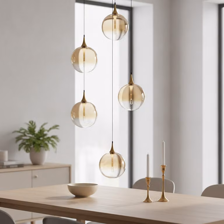 Lyora Hanglamp Orenda rond met 5 amber glazen lampen in goud/messing en zwart