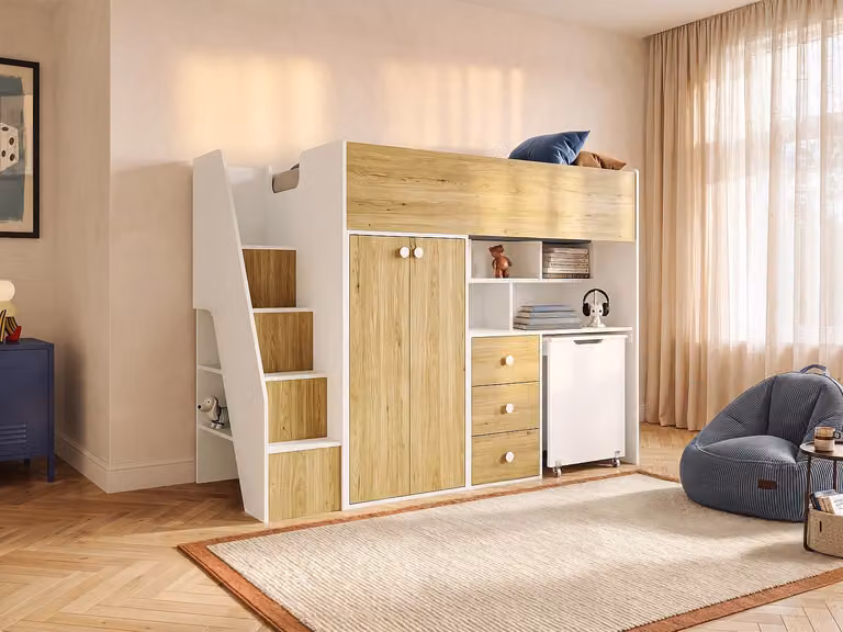 LANILATO Hoogslaper inclusief kast, bureau en matras - Wit en naturel - B/D: 90 x 190 cm