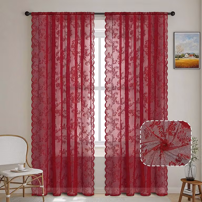 Wijnrode transparante gordijnen van bloemenkant, set van 1 stuk, B: 75 cm, H: 114 cm