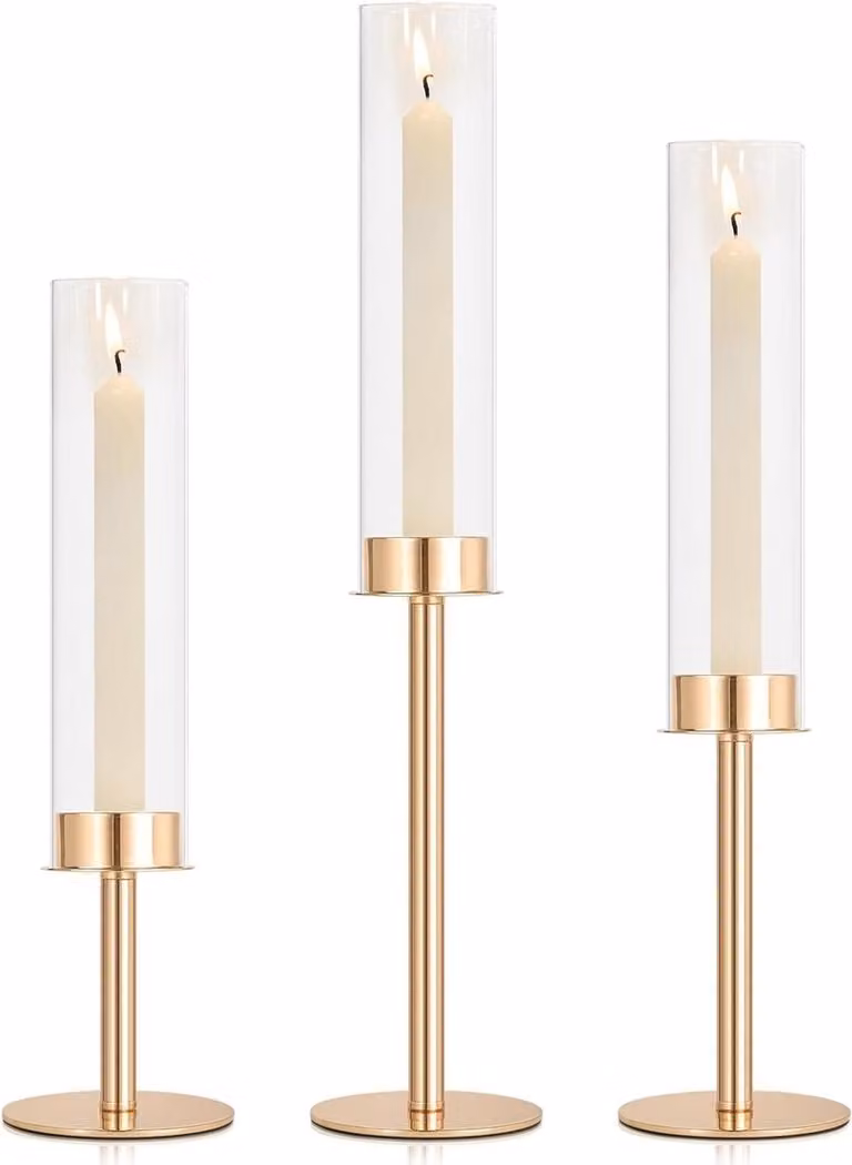 Set van 3 gouden winddichte glazen kaarsenhouders voor stompkaarsen en kaarsjes, Hoogte: 35,56 cm tot 45,72 cm