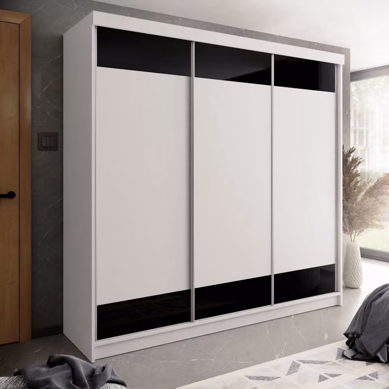 Kledingkast met schuifdeuren en legplanken in wit zwart hout-effect, Breedte: 250 cm