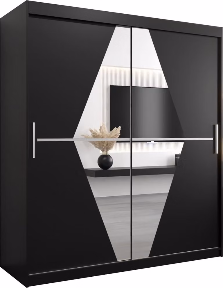 InspireMe BOLA 180 Kledingkast met 2 Schuifdeuren en Spiegel - Zwart Mat - B/H/D: 180 x 200 x 62 cm
