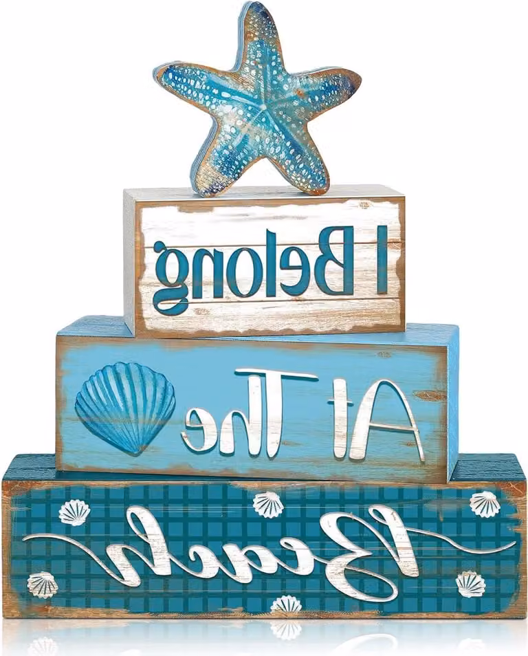 Set van 4 houten dienbladen met zeester ontwerp in turkoois voor tafeldecoratie