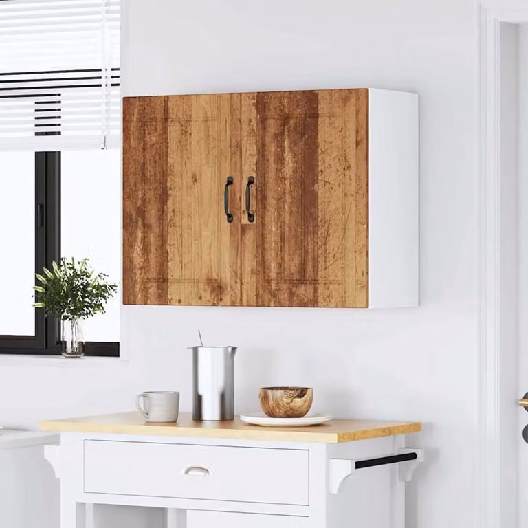Keuken hangkast met glazen deuren en houtlook design - B: 80 cm, D: 31 cm, H: 60 cm