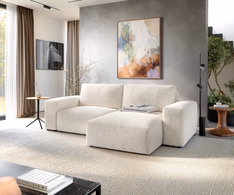 DELIFE Hoekbank Lanzo Beige, Moderne L-vormige Stoffen Bank met Variabele Chaise Longue, B: 230 cm, D: 155 cm, H: 88 cm