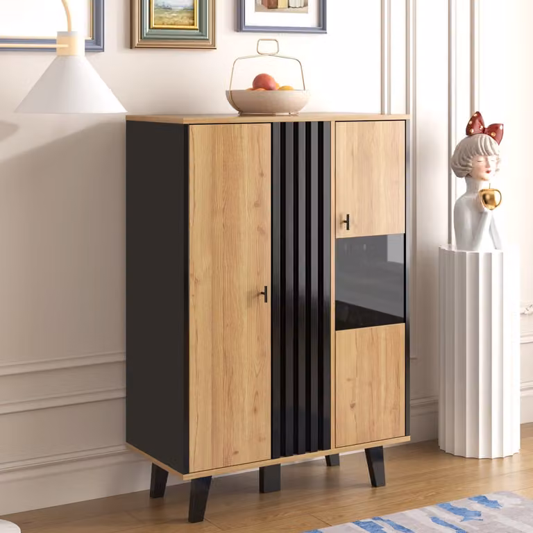 Modern sideboard met LED-verlichting en glas in zwart/houtlook, B/D/H: 120 x 40 x 80 cm