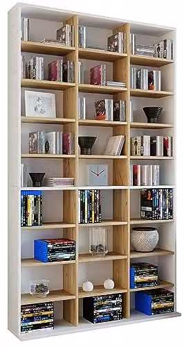VCM Megosa XL Open Kast met Mediavakken in Wit en Eikenhout, B: 102 cm, H: 181 cm, D: 23 cm