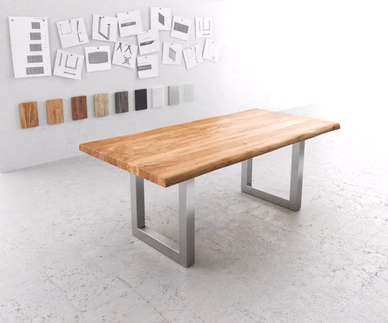 DELIFE Eettafel Edge van acacia hout en roestvrij staal, Live-Edge, Bruin/Zilver, B: 200 cm, D: 100 cm, H: 76,5 cm
