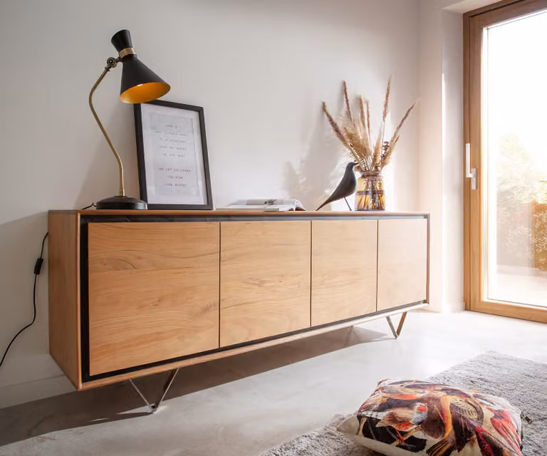 DELIFE Dressoir Stonegrace 200 cm Acacia Natuur met Steenfineer en V-poot, Bruin/Zilver