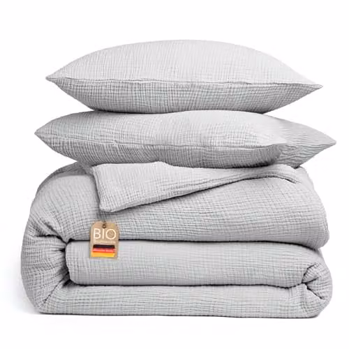 Blanketino Biologisch Mousseline Beddengoedset Lichtgrijs, 155 x 220 cm met kussen 80 x 80 cm