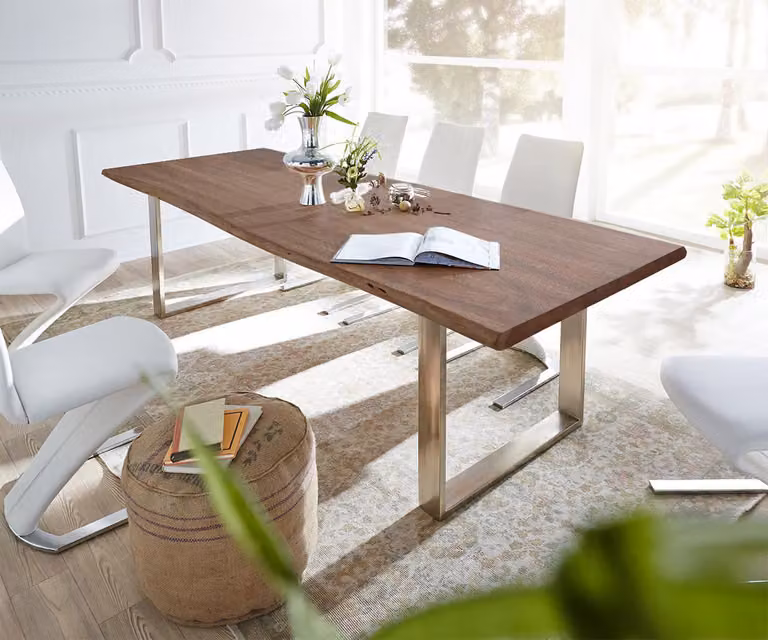 DELIFE Eettafel Edge van acacia hout in bruin en zilver, Live-Edge design, B/D/H: 300 x 100 x 73,5 cm
