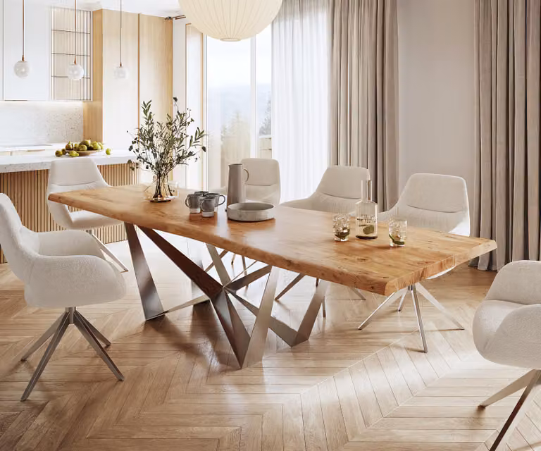 DELIFE Eettafel Edge Live-Edge Acacia met X-frame Onderstel, Bruin/Zilver, B: 300 cm, D: 100 cm, H: 75,5 cm