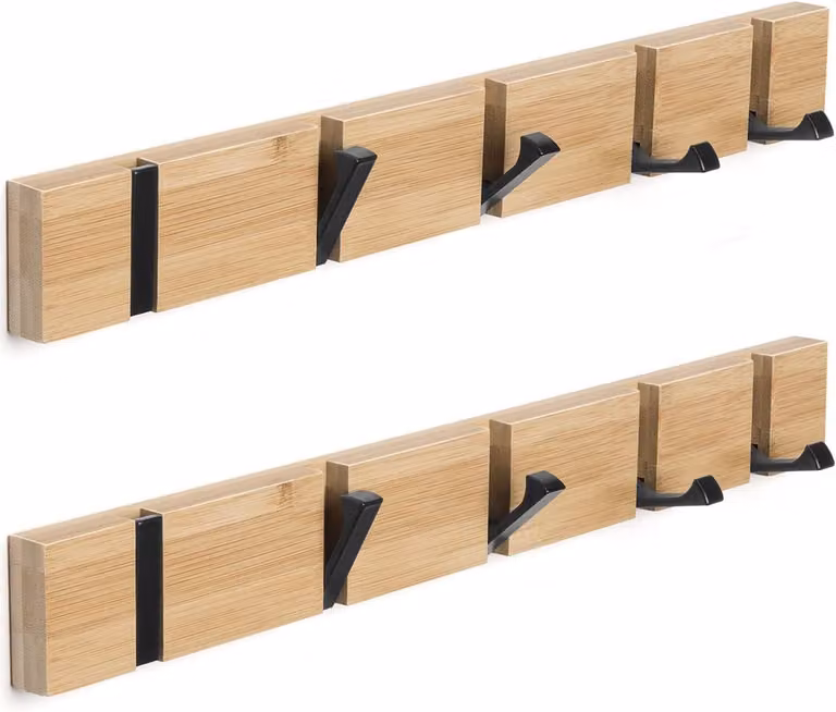 Thijox Set van 2 Houten Wandjashaken met 5 Haken, Opvouwbare Kapstok voor Jassen, Hoeden en Handtassen, Natuurlijke Houttextuur, Breedte: 42 cm