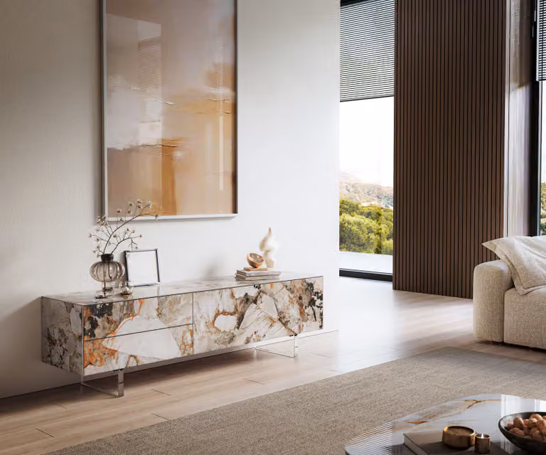 DELIFE Tv-meubel Cuor 180 cm met Keramiek Patagonia gepolijst, Beige en Bruin, 1 Flap en 2 Laden met Zwevende voet look