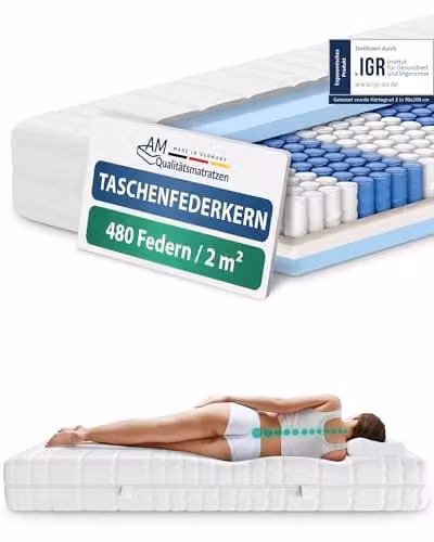 AM Qualitätsmatratzen Ergonomisch 7-Zone Pocketveringmatras, 100 x 200 cm, Gemiddeld (H3), 20 cm dikte, 480 veren, OEKO-TEX gecertificeerd
