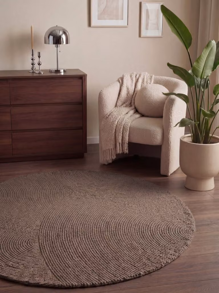 home24 Eleni Wollen vloerkleed rond bruin/taupe Ø 120 cm