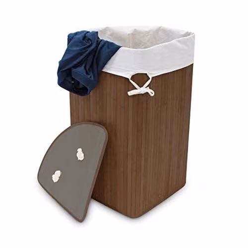 Relaxdays Hoekwasmand van Bamboe met Deksel en Afneembare Zak, Bruin, 60 l