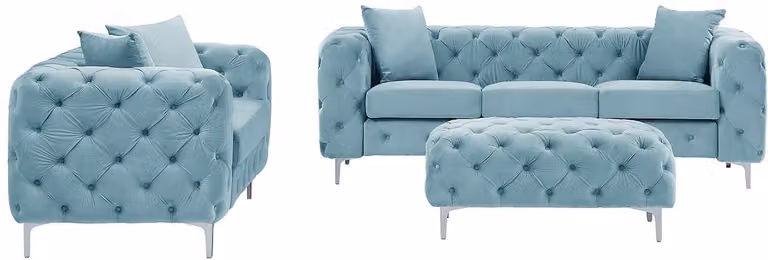 Edwina Chesterfield bank en poef in pastelblauw velours met afneembare hoezen en bijpassende sierkussens