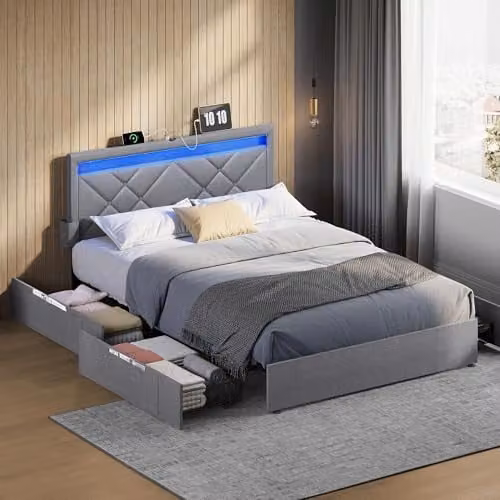 VASAGLE Tweepersoonsbed met LED-verlichting, USB-oplaadstation en 4 lades, 140 x 200 cm