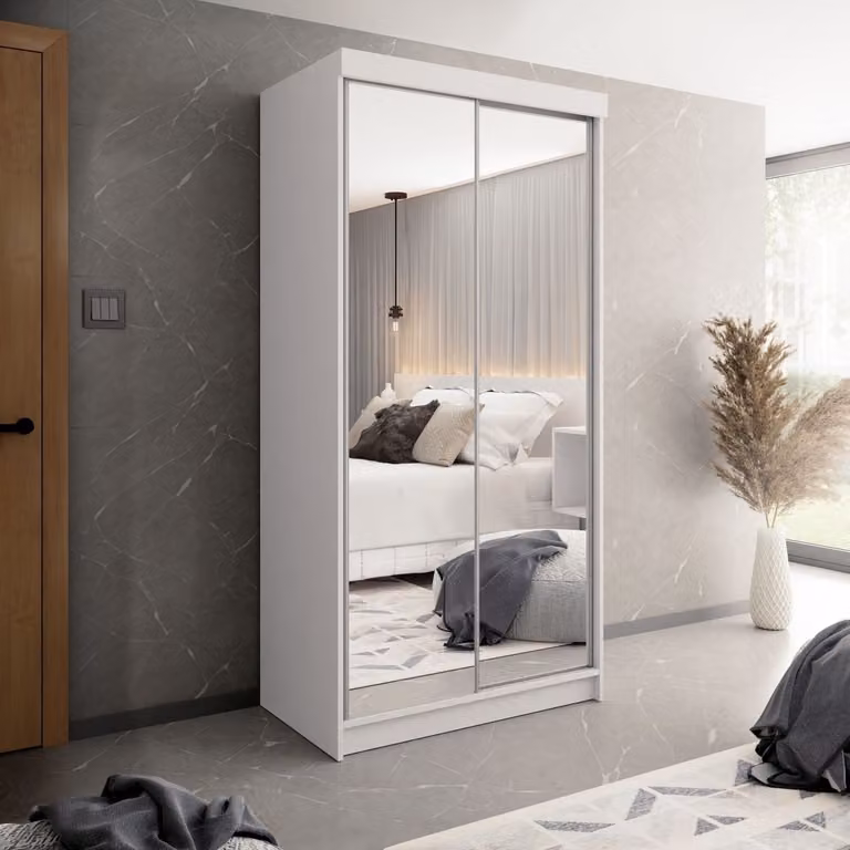 Witte kledingkast met spiegel en schuifdeuren voor de slaapkamer, Breedte: 100 cm, Hoogte: 200 cm
