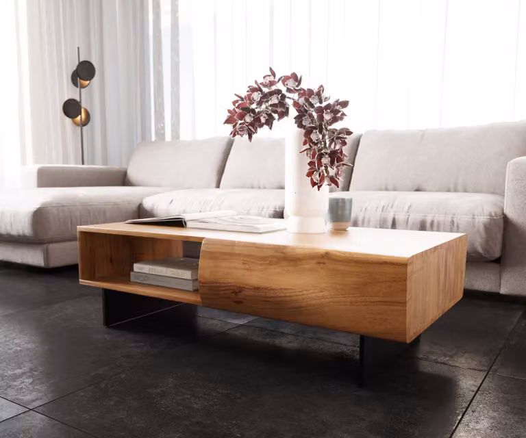 DELIFE Salontafel New Live-Edge Acacia en Metaal, Bruin/Zwart, B/D/H: 115 x 60 x 38 cm