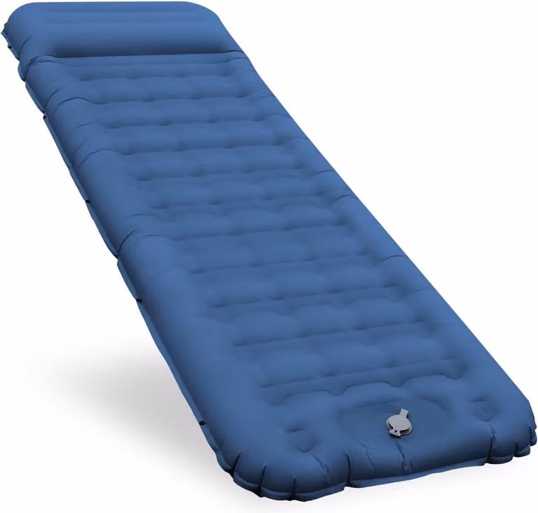 Zelfopblazbaar luchtmatras met voetpomp en hoofdkussen, blauw, 12 cm dikte