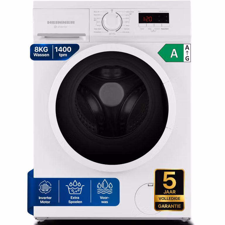Heinner HWM-M8014SMA Slanke Voorlader Wasmachine, 8 kg, 1400 tpm, Inverter, Digitaal Display, Wit