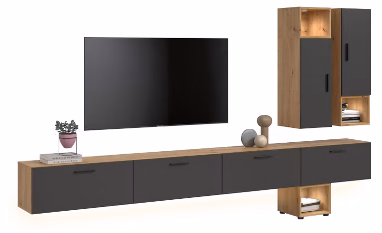 home24 Wandmeubelset The One, 9-delig modern meubel met verlichting, Artisan eikenhoutlook in bruin en grijs, B/D/H: 300 x 34 x 178 cm