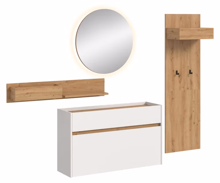 xonox.home Garderobekombinatie met verlichting, Wit en Artisan Oak, B: 197 cm, H: 205 cm, D: 32 cm