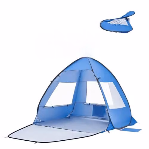 VEVOR Strandtent voor 2 personen, blauw/zilver, UPF 50+ zonbescherming, pop-up strandparasol met draagtas en zandzakken