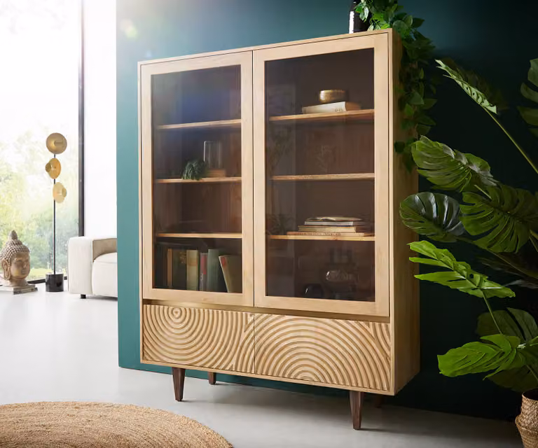 DELIFE Vitrine Budaya Mango Natuur met 4 Glazen Deuren, B/D/H: 115 x 40 x 135 cm
