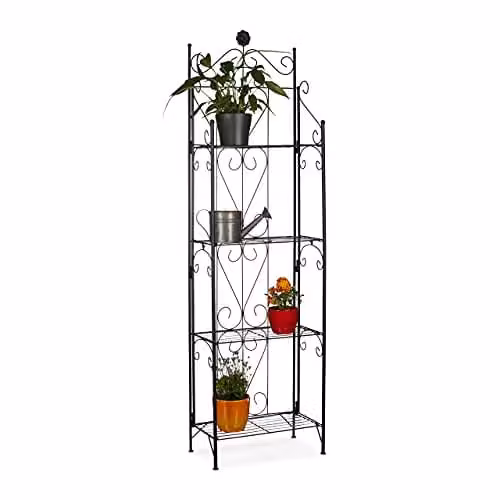 Relaxdays Plantenrek Metaal met 4 Etages, Zwart, H x B x D: 157 x 44 x 24 cm