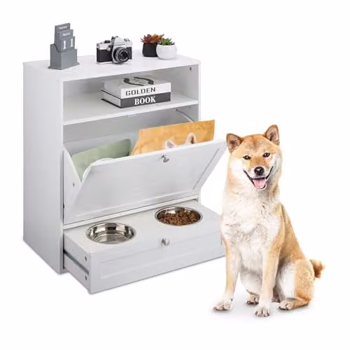 Relaxdays Kast met hondenvoerbakken op standaard, Wit, H x B x D: 68 x 60 x 33 cm