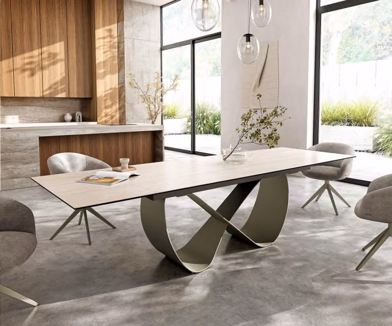 DELIFE Eettafel Edge uitrekbaar met keramisch blad in Travertino Bianco Creme-wit en Titan metaal effect, B/D/H: 200-300 x 100 x 76 cm