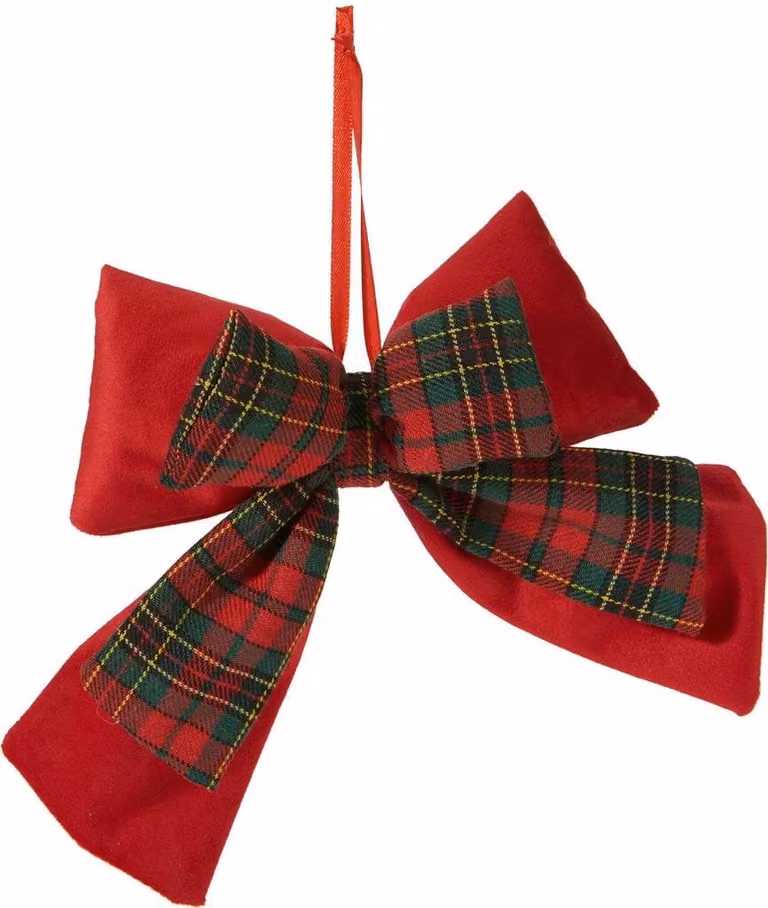 Rode kerststrik met ruitpatroon van textiel, 22 cm