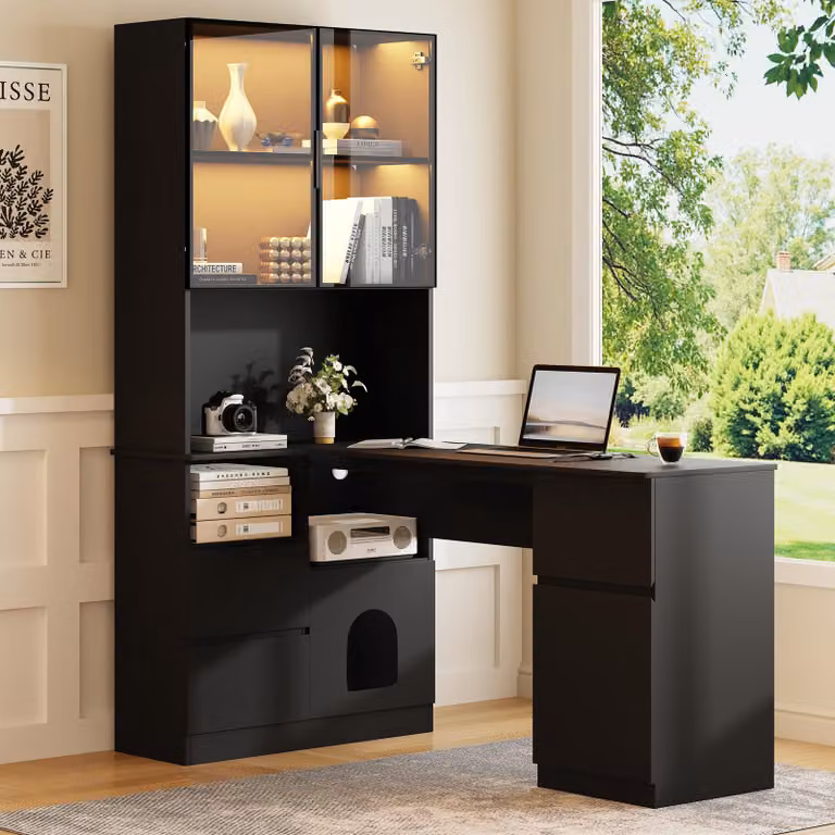 MODFU Hoekbureau met LED-vitrinekast en opbergkast, zwart/grijs, B: 120 cm, D: 80 cm, H: 180 cm