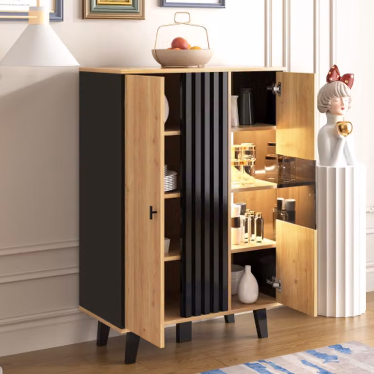 Modern dressoir met glazen deuren en geïntegreerde LED-verlichting, zwart en houtkleur, B/D/H: 120 x 40 x 76 cm