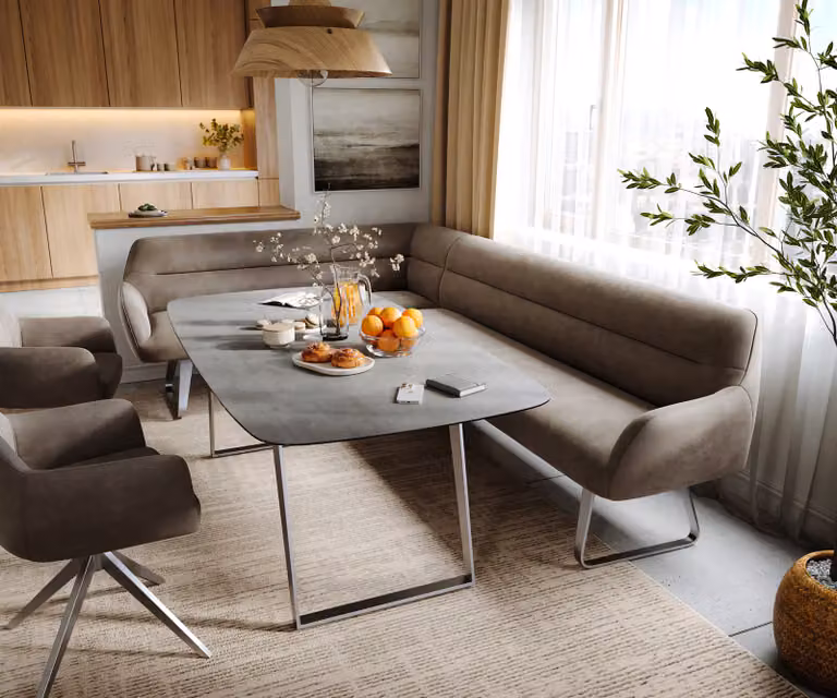 DELIFE Eetkamerbank Taya-Flex L-vormig, Beige, Microvezel, B/D/H: 282 x 105,6 x 87 cm