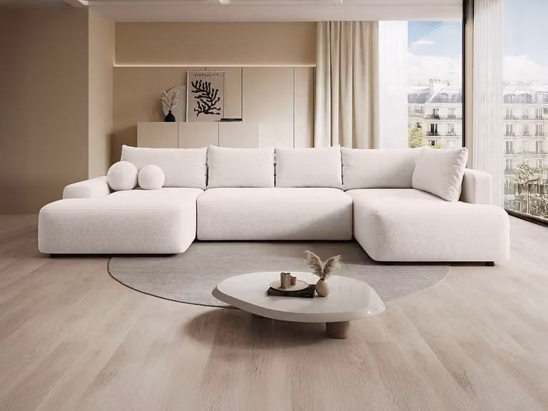 DAVISO Grote panoramische linkerhoekbank met slaapfunctie in beige textielstof - B: 204 cm, D: 175 cm, H: 87 cm