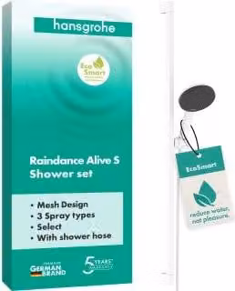 Hansgrohe Raindance Alive Select S doucheset met 3 straalpatronen en EcoSmart, Unica E Puro douchestang 90 cm en Easy Slide douchehouder, matwit, 125 cm
