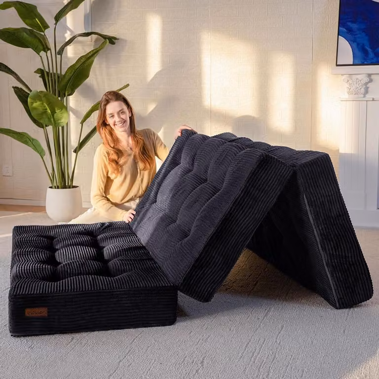 Zwarte opvouwbare futon gastenmatras met 15 cm schuimvulling, B/D/H: 135 x 190 cm