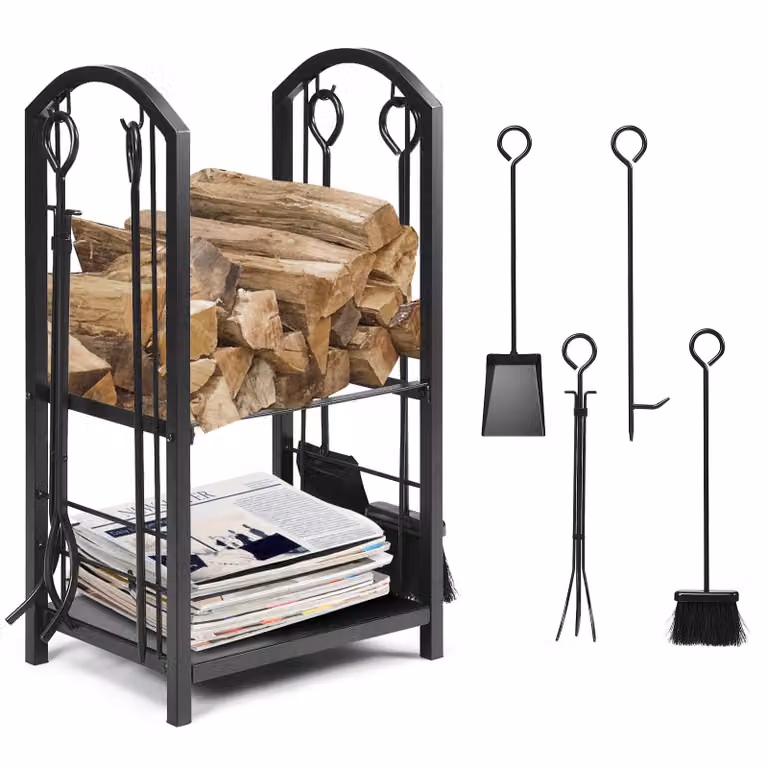 Costway Vuurplaatsset 5-delig met Metalen Haardhoutrek, Brandhoutstandaard met 2 Planken, Borstel, Tang, Schep en Vonkenscherm
