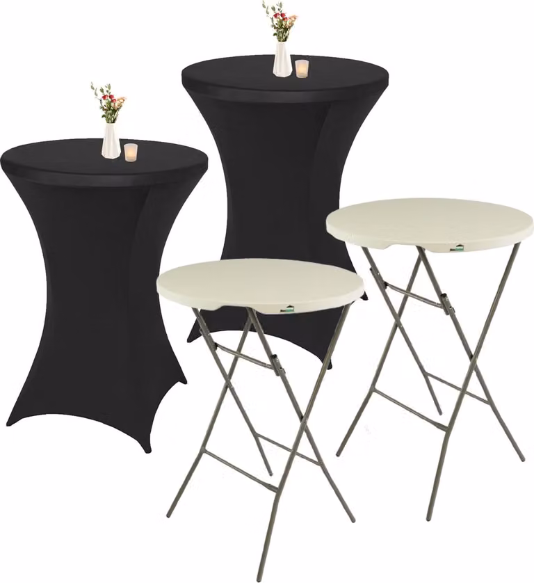 MaxxGarden Set van 2 Witte Cocktailtafels met Cover en 2 Zwarte Tafelrokken, Diameter: 80 cm, Hoogte: 115 cm