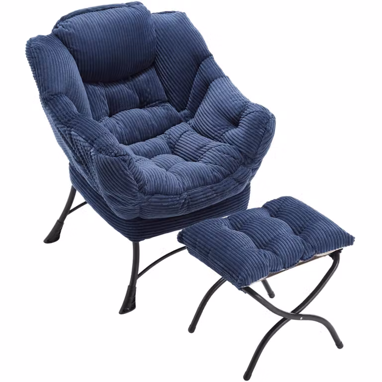 SEEDWAVE Fauteuil van flanel met bijpassende poef en zijvak, marineblauw