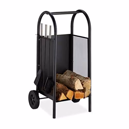 Relaxdays Brandhoutwagen met wielen en 3-delig haardgereedschap, zwart, metaal