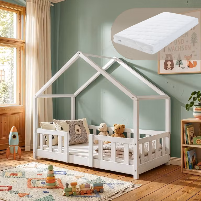 en.casa Babybed Treviolo met matras en valbeveiliging, wit, 70 x 140 cm