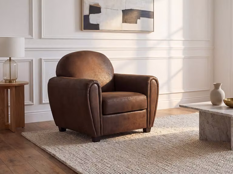 Vente-unique Clubfauteuil VICTORY III in bruine microvezel met verouderde lederlook