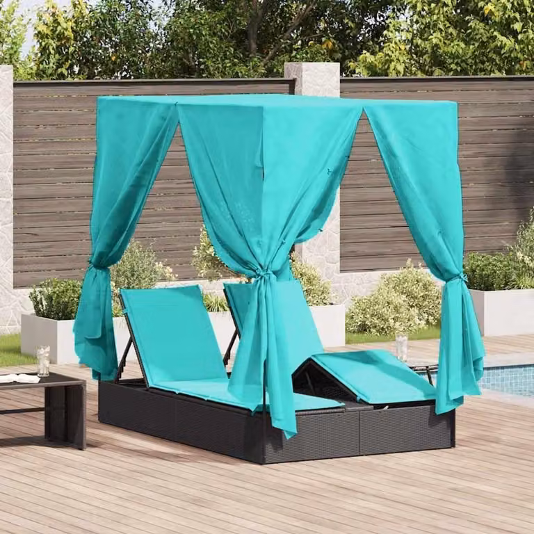 Zonneligstoel voor de tuin, polyrotan tuinligstoel met dak en gordijnen, verstelbare rugleuning, B/D/H: 205 x 129 x 200 cm, zwart